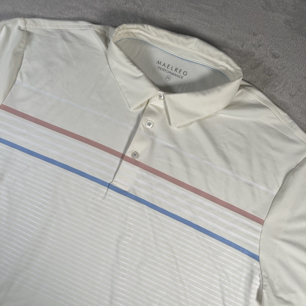 Maelreg Performance Polo Shirt Men's 2XL Cream Striped Lightweight‎ Golf UPF
